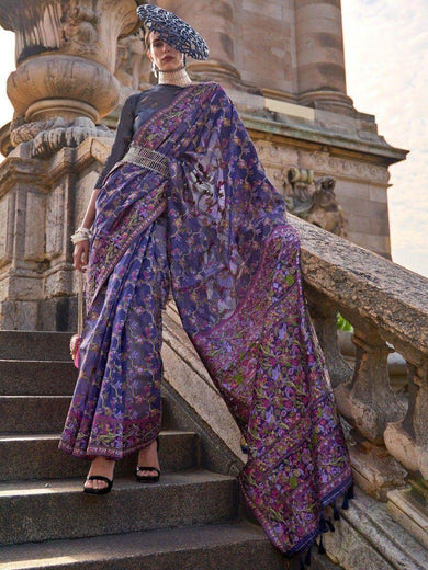 Incredible Blue Floral Weaving Organza Wedding Saree With Blouse
